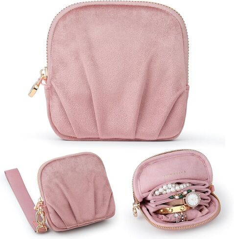 Velvet Travel Jewelry Pouch, 2-in-1 Clamshell Case with Detachable Insert, Portable Travel Jewelry Organizer with Wrist Strap, Converts to Mini Coin Purse, Gift for Women & Girls (Dusty Pink) in Saudi Arabia