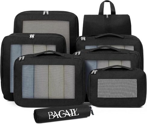 BAGAIL 8 مجموعة من مكعبات التعبئة المضغوطة، حقائب تنظيم الأمتعة متينة ومقاومة للاهتراء وقابلة للتوسيع لإكسسوارات السفر (أسود) in Kuwait
