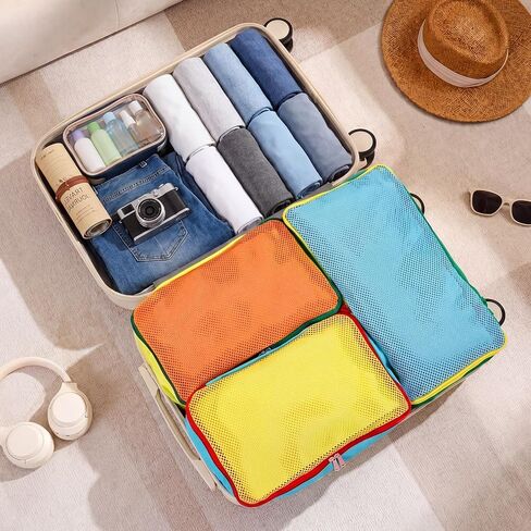 SATINIOR 3 Pcs Colorful Packing Cube 1 Large 13.7 x 7.8 x 5.7 and 2 Small 11 x 7.5 x 5.7 Nylon travel Mesh Storage Bag Zippered Waterproof for Summer Camp Luggage organize in Kuwait