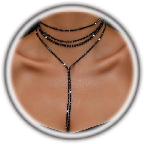 Silver Rhinestone Necklace for Women Layered Black Cubic Zirconia Choker Necklaces Set Sparkly Long Y Lariat Necklaces Trendy Prom Party Jewelry Gifts in Kuwait