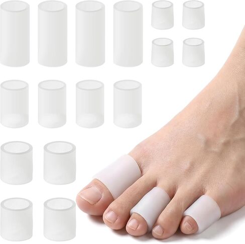 Silicone Toe Sleeves 16 Pack, Gel Toe Protectors & Corn Cushions for Women Men, Soft Toes Tube Pads for Foot Pain Relief, Calluses, Blisters, Bunions, Hammertoe, Toenail Loss, 4 Sizes in Kuwait
