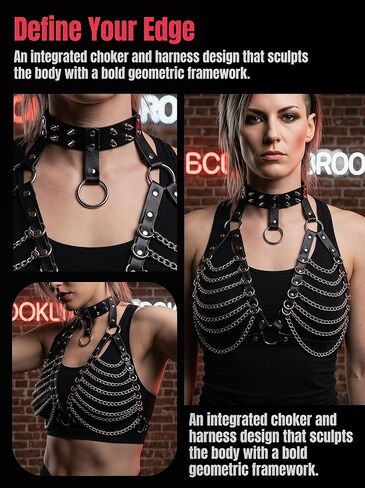 Punk Layered Chest Chain,Leather Bra CageStyle Shoulder Strap,Punk Black Leather Chest Harness Body Waist Chain Belt Rave Nightclub Belly Bra Jewelry Accessor for Halloween Carnival in Saudi Arabia