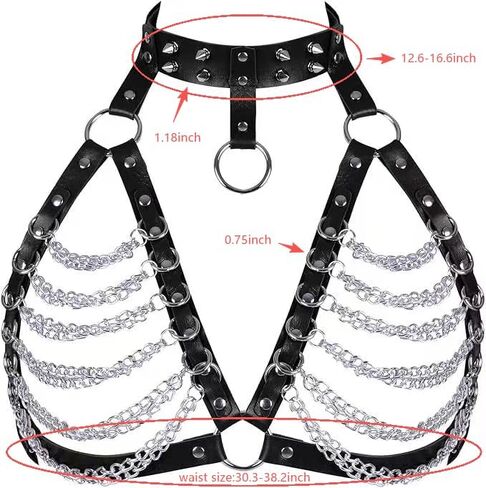 Punk Layered Chest Chain,Leather Bra CageStyle Shoulder Strap,Punk Black Leather Chest Harness Body Waist Chain Belt Rave Nightclub Belly Bra Jewelry Accessor for Halloween Carnival in Saudi Arabia