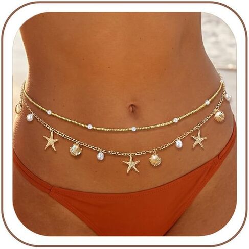 Gold Waist Chain for Women - 2Pcs Layered Body Chain Jewelry with Pearl Shell Beads, Adjustable Mermaid Belly Chain & Bohemian Waist Beads for Beach Summer Vacation Body Jewelry in Saudi Arabia