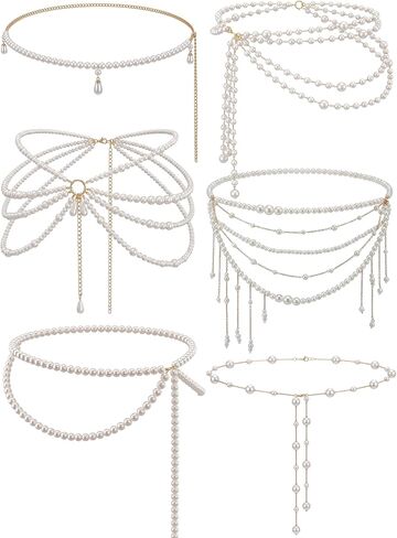 JenPen 6 Piece Pearl Belt Tassel Waist Chain - French Vintage Layered Pearl Body Chain Belt for Women, Bridal Wedding Dresses, Summer Beach Bikini Belly Jewelry in Kuwait