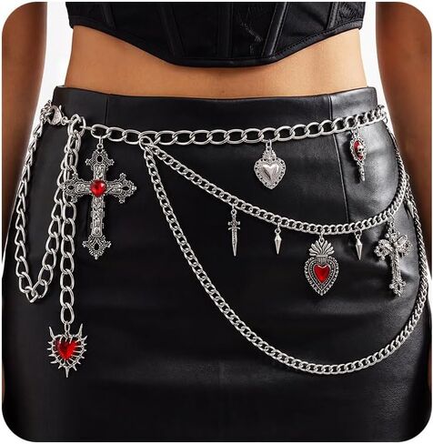 Cross Heart Waist Chain Goth Silver Y2k Belt Adjustable Women Skeleton Body Chain for Pants and Dress in Saudi Arabia