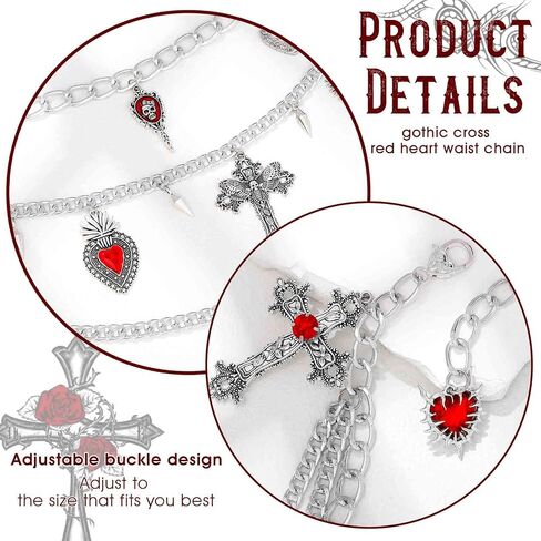 Cross Heart Waist Chain Goth Silver Y2k Belt Adjustable Women Skeleton Body Chain for Pants and Dress in Saudi Arabia