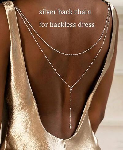 Longita Silver Back Necklace for Backless Dress Back Jewelry Backdrop Necklace Back Chain Silver Body Chain Jewelry for Women Sexy Trendy Dainty Bride Bridesmaid Evening Gown Prom Accessories in Kuwait
