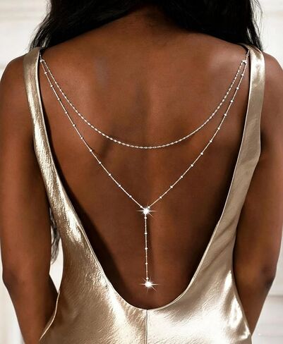 Longita Silver Back Necklace for Backless Dress Back Jewelry Backdrop Necklace Back Chain Silver Body Chain Jewelry for Women Sexy Trendy Dainty Bride Bridesmaid Evening Gown Prom Accessories in Kuwait