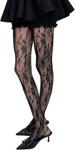 Women's Lace Fishnet Tights, Black Floral Pattern, Sheer Mesh Openwork Jacquard Hosiery in Saudi Arabia