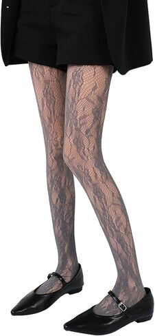 Women's Lace Fishnet Tights, Black Floral Pattern, Sheer Mesh Openwork Jacquard Hosiery in Saudi Arabia