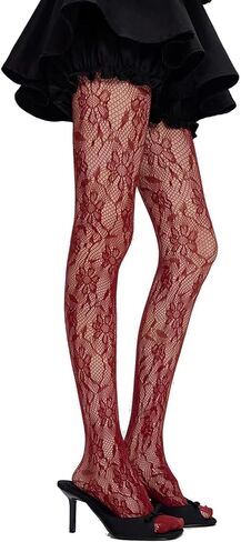Women's Lace Fishnet Tights, Black Floral Pattern, Sheer Mesh Openwork Jacquard Hosiery in Saudi Arabia