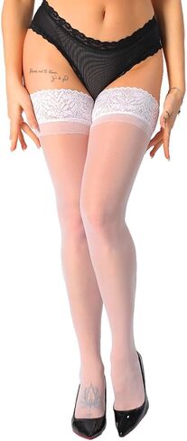 MERYLURE Thigh High Stockings Silicone Lace Top Stay Up Silk Semi Sheer Pantyhose for Women Hold Up Nylon Lingerie in Kuwait