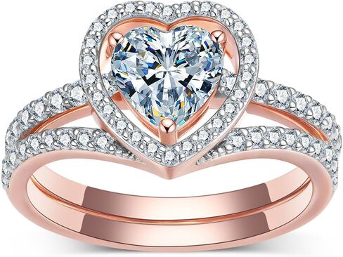 1CT Center Heart Cut Moissanite Wedding Ring Set for Women,18K Rose Gold Platinum Plated Stackable Bridal Sets 925 Sterling Silver Halo Moissanite Engagement Ring Sets for Anniversary Wedding in Saudi Arabia