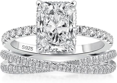 1.5 Carat Radiant Cut Wedding Ring Set For Women, 925 Sterling Silver 5A CZ Engagament Ring Set, X Half Eternity Stackable Band in Saudi Arabia