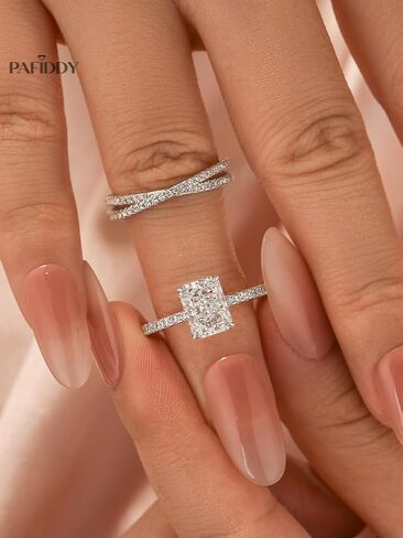 1.5 Carat Radiant Cut Wedding Ring Set For Women, 925 Sterling Silver 5A CZ Engagament Ring Set, X Half Eternity Stackable Band in Saudi Arabia