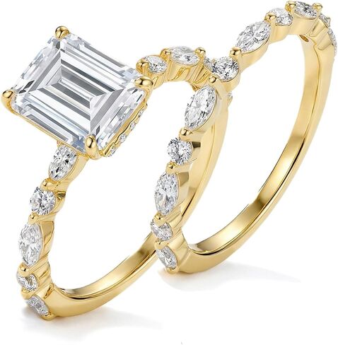 3CT Emerald Cut Moissanite Wedding Ring Set for Women - 925 Sterling Silver Bridal Ring Set with GRA Certified D Color VVS1 Clarity Moissanite in Saudi Arabia