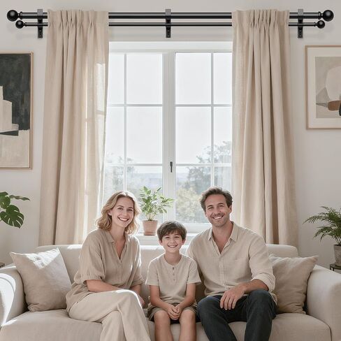Double Curtain Rod 36-91 Inch, Black Dual Curtain Rods for Windows, 1 Inch Decorative Adjustable Heavy Duty Telescopic Spliced Window Treatment Rods Set for Bedroom Living Room Farmhouse in Saudi Arabia