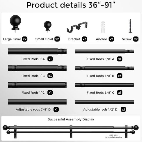 Double Curtain Rod 36-91 Inch, Black Dual Curtain Rods for Windows, 1 Inch Decorative Adjustable Heavy Duty Telescopic Spliced Window Treatment Rods Set for Bedroom Living Room Farmhouse in Saudi Arabia