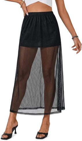 Womens Maxi Skirt for Women Long Skirts Elastic Waist A Line Sheer Mesh with Inner Skirt in Saudi Arabia