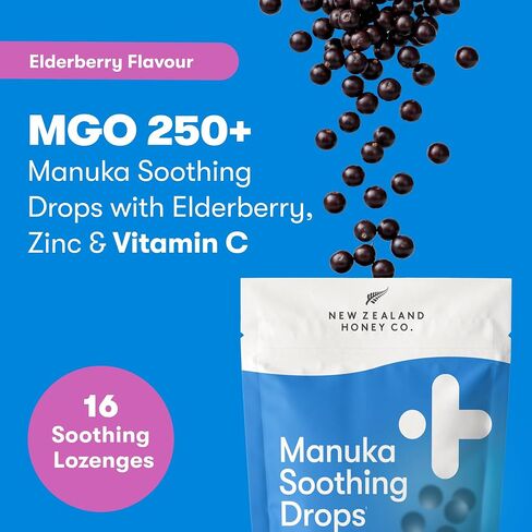 New Zealand Honey Co. Manuka Honey Cough Drops with Elderberry, Vitamin C & Zinc - Sore Throat & Dry Mouth Lozenges MGO 250+ - 16 Wrapped Throat Lozenges in Kuwait