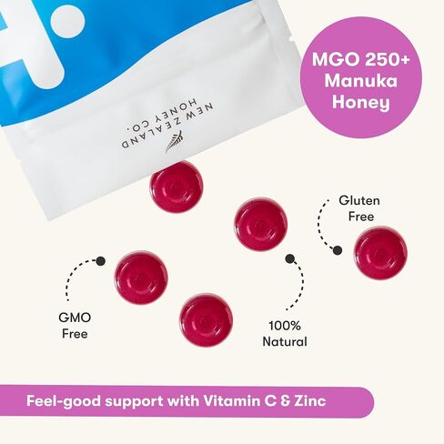 New Zealand Honey Co. Manuka Honey Cough Drops with Elderberry, Vitamin C & Zinc - Sore Throat & Dry Mouth Lozenges MGO 250+ - 16 Wrapped Throat Lozenges in Kuwait