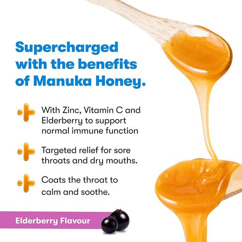 New Zealand Honey Co. Manuka Honey Cough Drops with Elderberry, Vitamin C & Zinc - Sore Throat & Dry Mouth Lozenges MGO 250+ - 16 Wrapped Throat Lozenges in Kuwait
