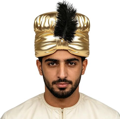 XGOPTS Arab Sultan Indian Turban Hat Halloween Golden Pleated Plume Arab Sultan Cap Arabic Feather Swami Hat Headwrap Cosplay in Kuwait