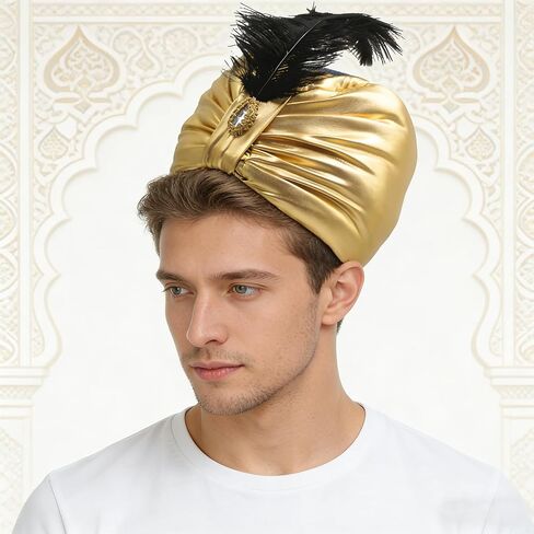 XGOPTS Arab Sultan Indian Turban Hat Halloween Golden Pleated Plume Arab Sultan Cap Arabic Feather Swami Hat Headwrap Cosplay in Kuwait