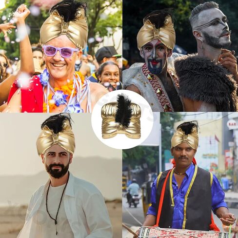 XGOPTS Arab Sultan Indian Turban Hat Halloween Golden Pleated Plume Arab Sultan Cap Arabic Feather Swami Hat Headwrap Cosplay in Kuwait