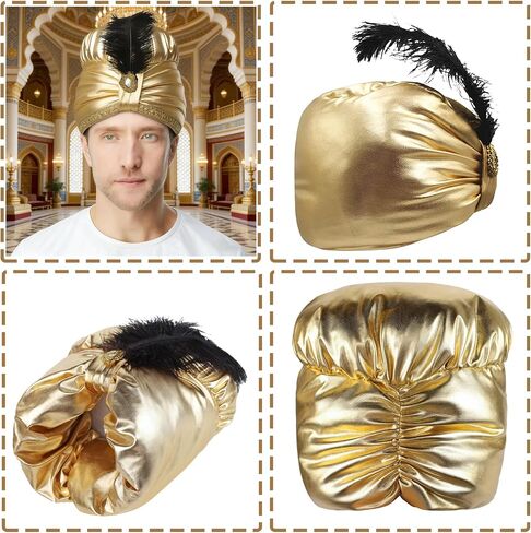 XGOPTS Arab Sultan Indian Turban Hat Halloween Golden Pleated Plume Arab Sultan Cap Arabic Feather Swami Hat Headwrap Cosplay in Kuwait