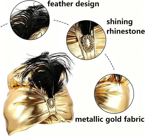 XGOPTS Arab Sultan Indian Turban Hat Halloween Golden Pleated Plume Arab Sultan Cap Arabic Feather Swami Hat Headwrap Cosplay in Kuwait