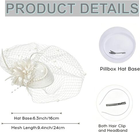 Vintage Feather Fascinator Pillbox Hat with Veil - Fascinator Tea Parties Hats Church Hat for Women in Kuwait