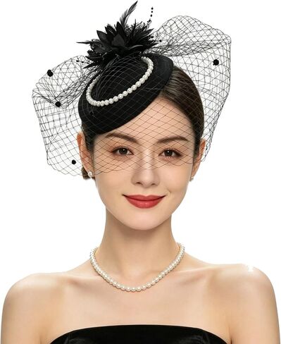 Vintage Feather Fascinator Pillbox Hat with Veil - Fascinator Tea Parties Hats Church Hat for Women in Kuwait