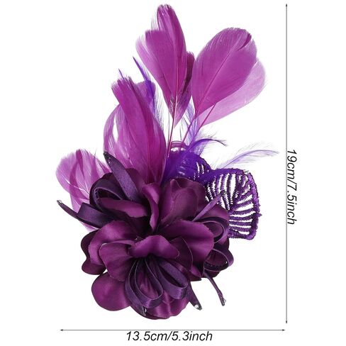 Sucrain Fascinator ريشة زهرة دبوس بروش الأرجواني قطع زينة الصدار شبكة الريش مشبك شعر لشاي حفل زفاف كوكتيل (أرجواني) in Kuwait