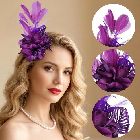 Sucrain Fascinator ريشة زهرة دبوس بروش الأرجواني قطع زينة الصدار شبكة الريش مشبك شعر لشاي حفل زفاف كوكتيل (أرجواني) in Kuwait