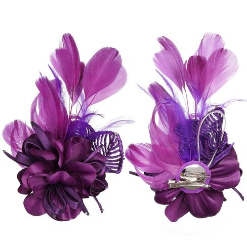 Sucrain Fascinator ريشة زهرة دبوس بروش الأرجواني قطع زينة الصدار شبكة الريش مشبك شعر لشاي حفل زفاف كوكتيل (أرجواني) in Kuwait