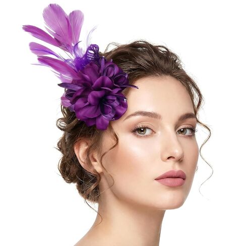 Sucrain Fascinator ريشة زهرة دبوس بروش الأرجواني قطع زينة الصدار شبكة الريش مشبك شعر لشاي حفل زفاف كوكتيل (أرجواني) in Kuwait