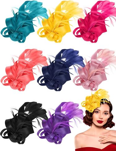 Suncalla 8 Pcs Fascinators Hat for Women Tea Party Headband with Feather Mesh Flower Derby Hat Hair Clip for Wedding Cocktail in Kuwait