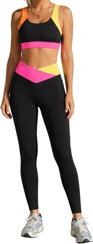 popvil Workout Sets For Women Color Block Sports Bra High Waisted Legging With Pocktes For Athletic Running Gym Yoga Outfits in Kuwait