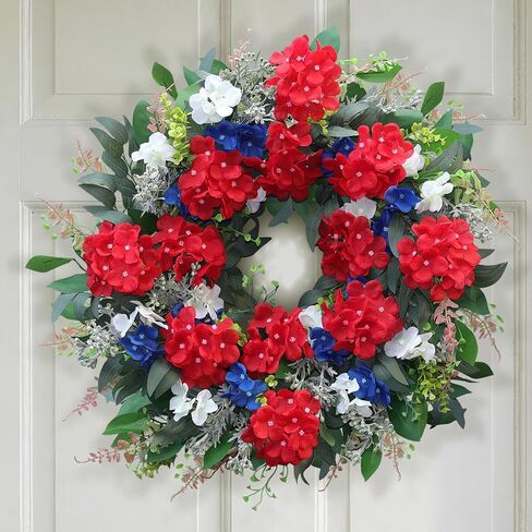 24 Inch 4th of July Wreath for Front Door, Red White and Blue Patriotic Hydrangea Wreath with Eucalyptus, Artificial Memorial Day Independence Day Decor for Farmhouse Home Indoor Outdoor in Saudi Arabia