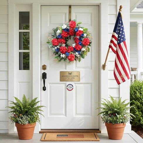 24 Inch 4th of July Wreath for Front Door, Red White and Blue Patriotic Hydrangea Wreath with Eucalyptus, Artificial Memorial Day Independence Day Decor for Farmhouse Home Indoor Outdoor in Saudi Arabia