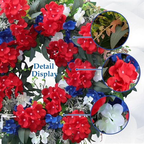 24 Inch 4th of July Wreath for Front Door, Red White and Blue Patriotic Hydrangea Wreath with Eucalyptus, Artificial Memorial Day Independence Day Decor for Farmhouse Home Indoor Outdoor in Saudi Arabia