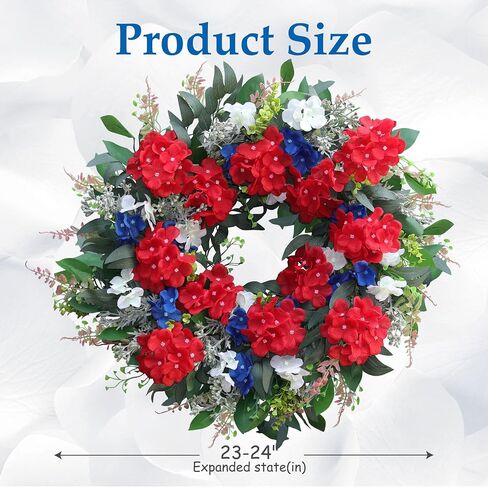 24 Inch 4th of July Wreath for Front Door, Red White and Blue Patriotic Hydrangea Wreath with Eucalyptus, Artificial Memorial Day Independence Day Decor for Farmhouse Home Indoor Outdoor in Saudi Arabia