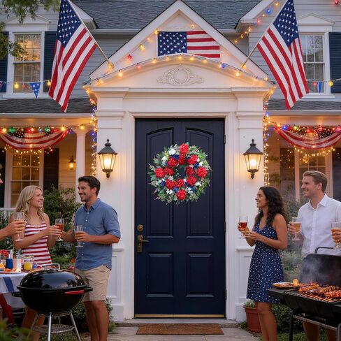 24 Inch 4th of July Wreath for Front Door, Red White and Blue Patriotic Hydrangea Wreath with Eucalyptus, Artificial Memorial Day Independence Day Decor for Farmhouse Home Indoor Outdoor in Saudi Arabia