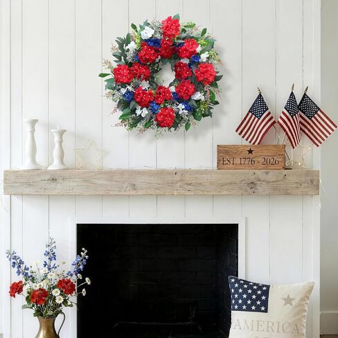 24 Inch 4th of July Wreath for Front Door, Red White and Blue Patriotic Hydrangea Wreath with Eucalyptus, Artificial Memorial Day Independence Day Decor for Farmhouse Home Indoor Outdoor in Saudi Arabia