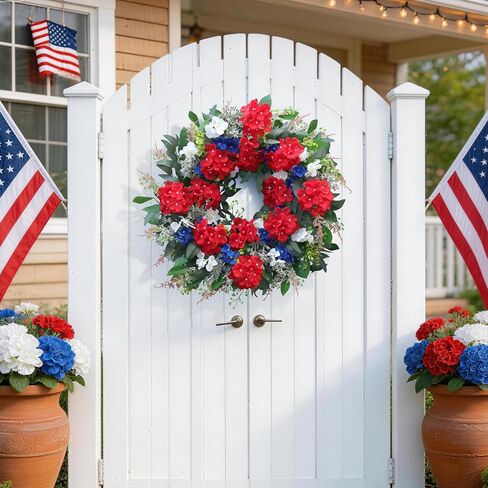 24 Inch 4th of July Wreath for Front Door, Red White and Blue Patriotic Hydrangea Wreath with Eucalyptus, Artificial Memorial Day Independence Day Decor for Farmhouse Home Indoor Outdoor in Saudi Arabia