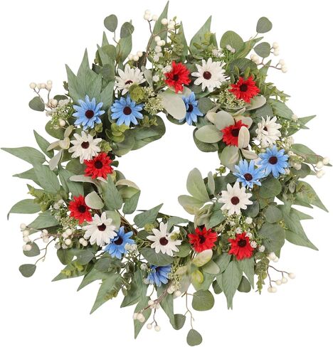22 Inch Patriotic Wreath for Front Door Outdoor, UV Resistant Red White and Blue Eucalyptus Wreath for 4th of July Memorial Day, Waterproof Americana Summer Décor in Saudi Arabia