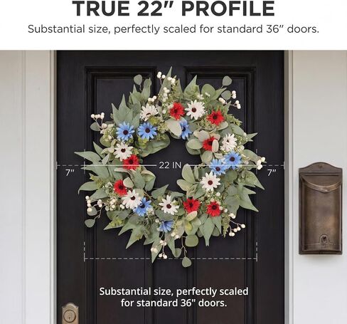 22 Inch Patriotic Wreath for Front Door Outdoor, UV Resistant Red White and Blue Eucalyptus Wreath for 4th of July Memorial Day, Waterproof Americana Summer Décor in Kuwait