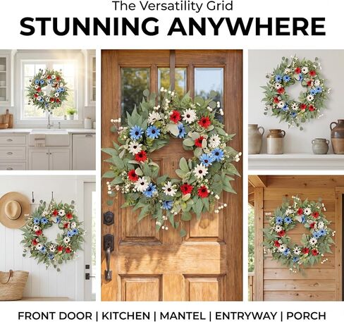 22 Inch Patriotic Wreath for Front Door Outdoor, UV Resistant Red White and Blue Eucalyptus Wreath for 4th of July Memorial Day, Waterproof Americana Summer Décor in Kuwait